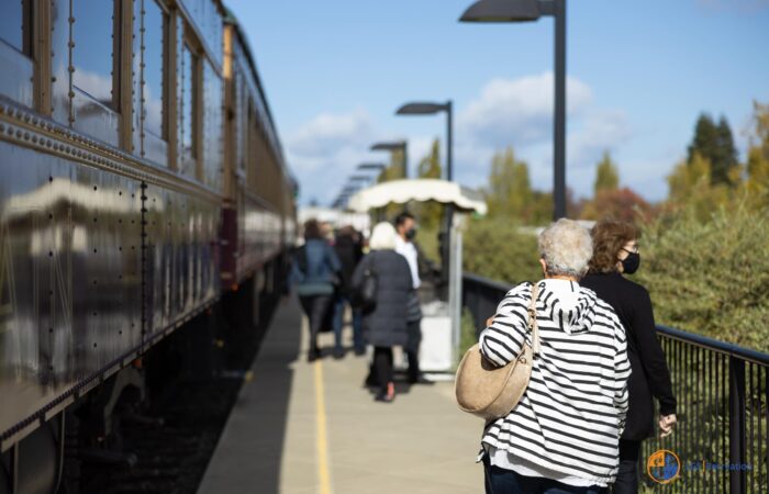 Napa valley wine train trip group getting on the train