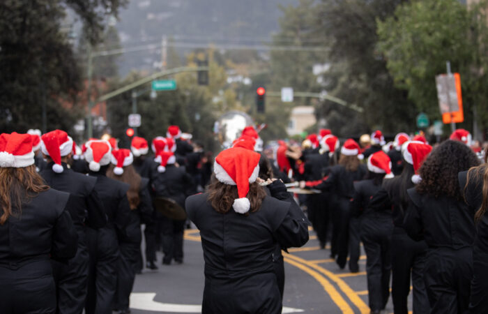 Holiday parade marching band marching away