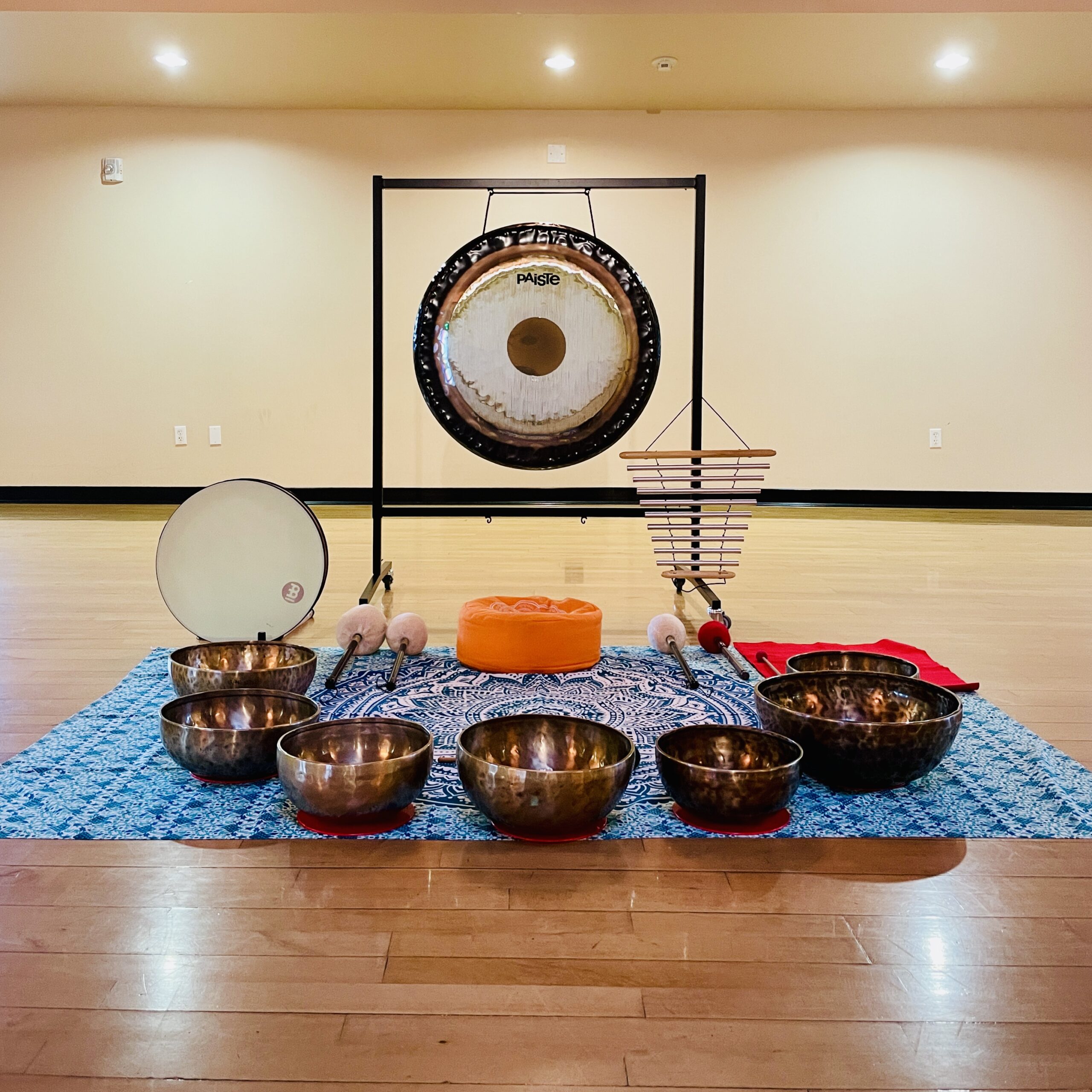 gong, prayer bowls, and other instruments for meditation programs