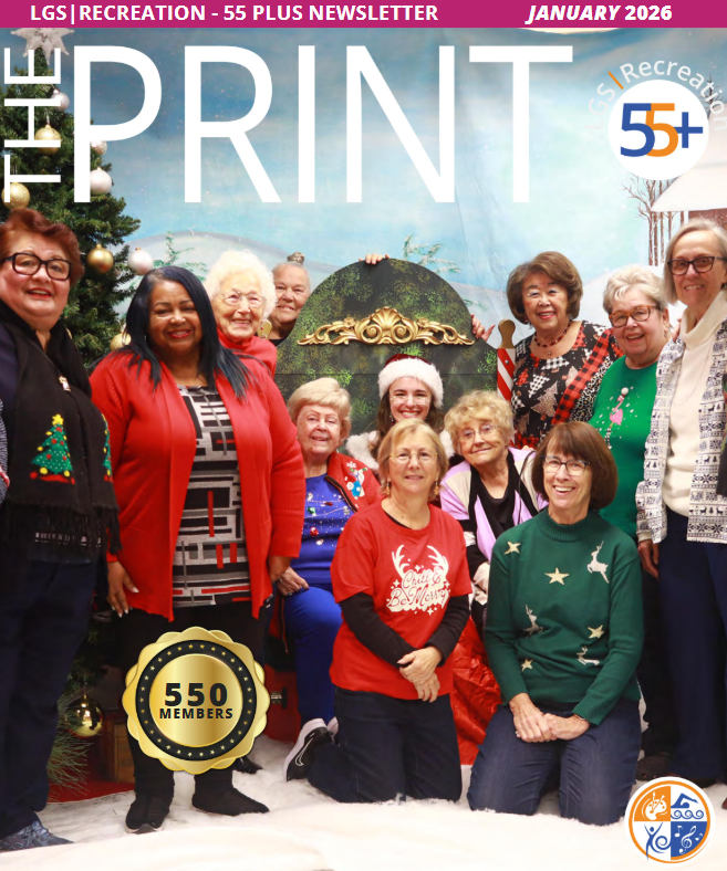 January 2026 cover, seniors with santa's chair and holiday decorations